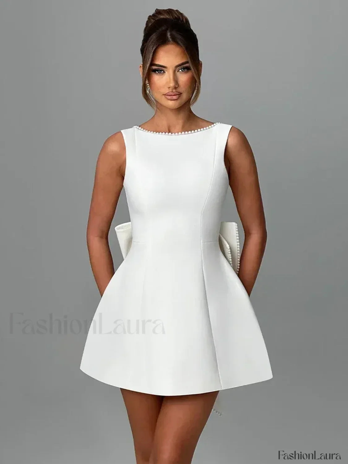 Pearl Bow Sleeveless Mini Dress