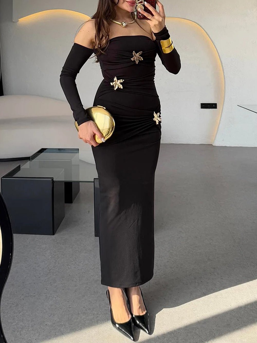 Strapless Ruched Detached Sleeve Starfish Brooch Embellished Maxi Dress