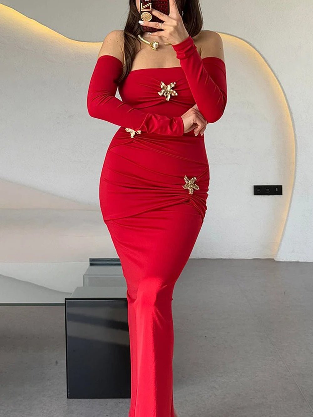 Strapless Ruched Detached Sleeve Starfish Brooch Embellished Maxi Dress