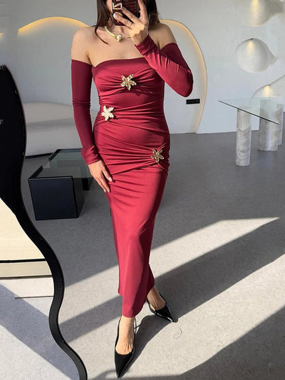 Strapless Ruched Detached Sleeve Starfish Brooch Embellished Maxi Dress