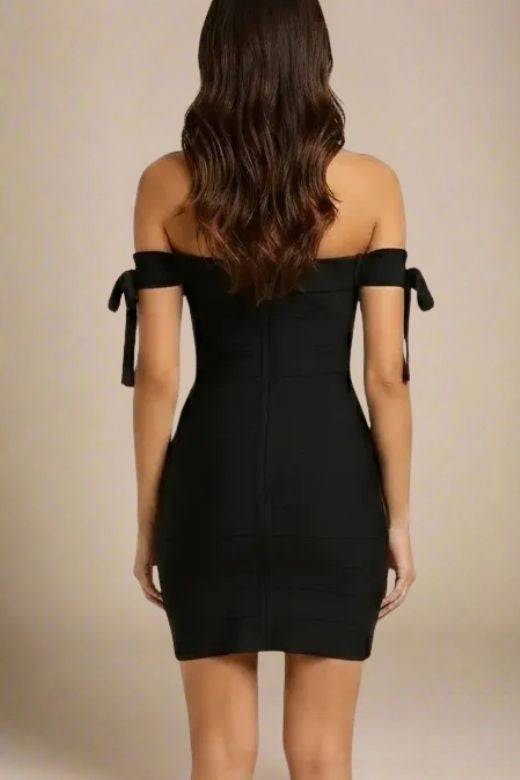 Classic Black Off Shoulder Tie Sleeve Sweetheart Bandage Bodycon Mini Party Dress