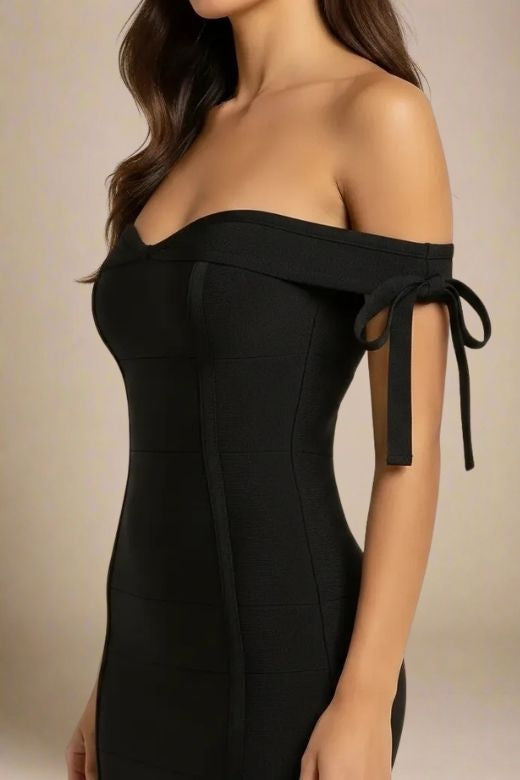 Classic Black Off Shoulder Tie Sleeve Sweetheart Bandage Bodycon Mini Party Dress