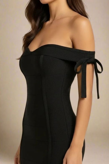 Classic Black Off Shoulder Tie Sleeve Sweetheart Bandage Bodycon Mini Party Dress