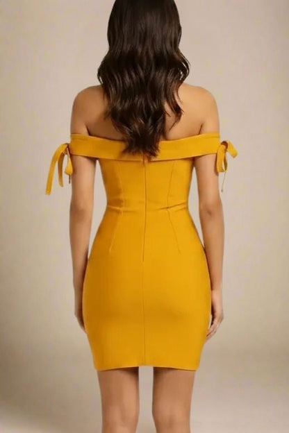 Mustard Yellow Off Shoulder Tie Sleeve Sweetheart Bandage Bodycon Mini Party Dress