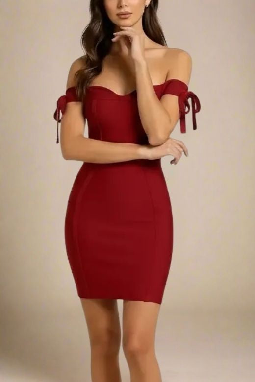 Red Wine Off Shoulder Tie Sleeve Sweetheart Bandage Bodycon Mini Party Dress