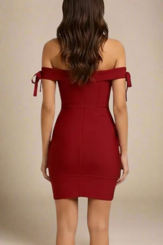 Red Wine Off Shoulder Tie Sleeve Sweetheart Bandage Bodycon Mini Party Dress