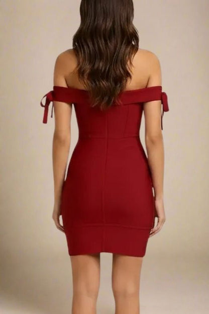 Red Wine Off Shoulder Tie Sleeve Sweetheart Bandage Bodycon Mini Party Dress