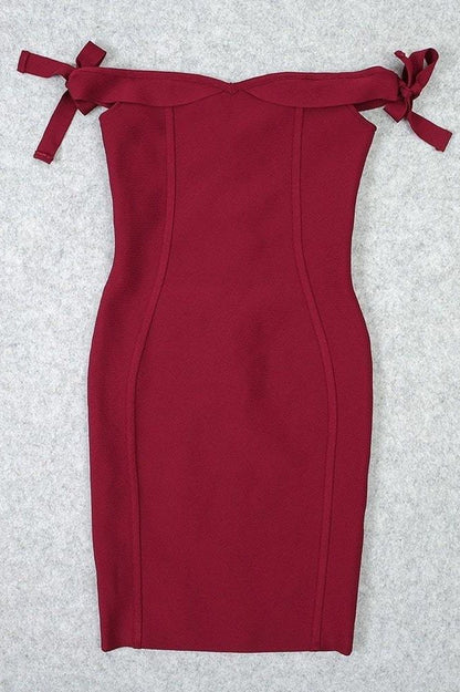 Red Wine Off Shoulder Tie Sleeve Sweetheart Bandage Bodycon Mini Party Dress