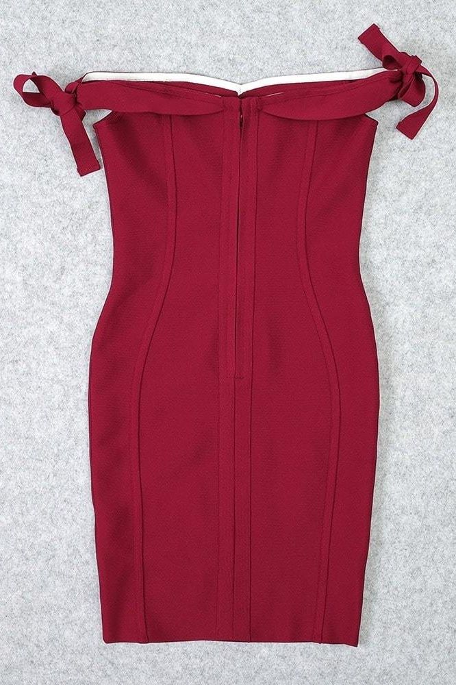 Red Wine Off Shoulder Tie Sleeve Sweetheart Bandage Bodycon Mini Party Dress