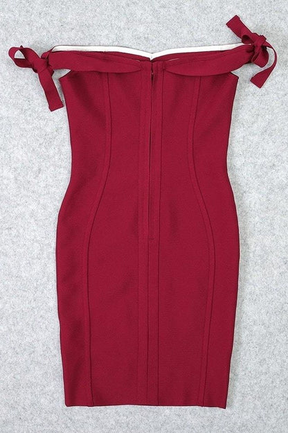 Red Wine Off Shoulder Tie Sleeve Sweetheart Bandage Bodycon Mini Party Dress