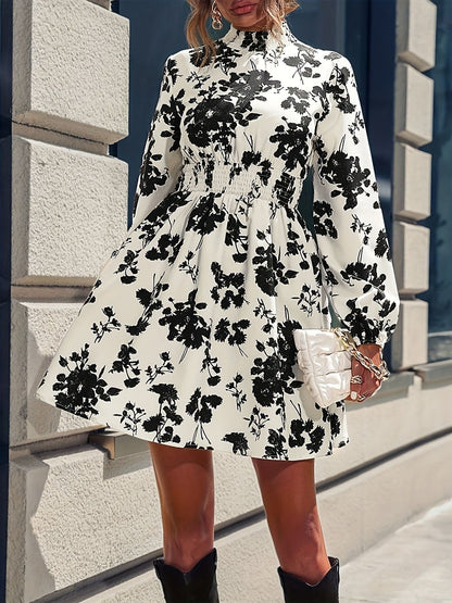 Multi Floral Print Mock Neck Bishop Sleeve Smocked Waist Fit And Flare Mini Dress