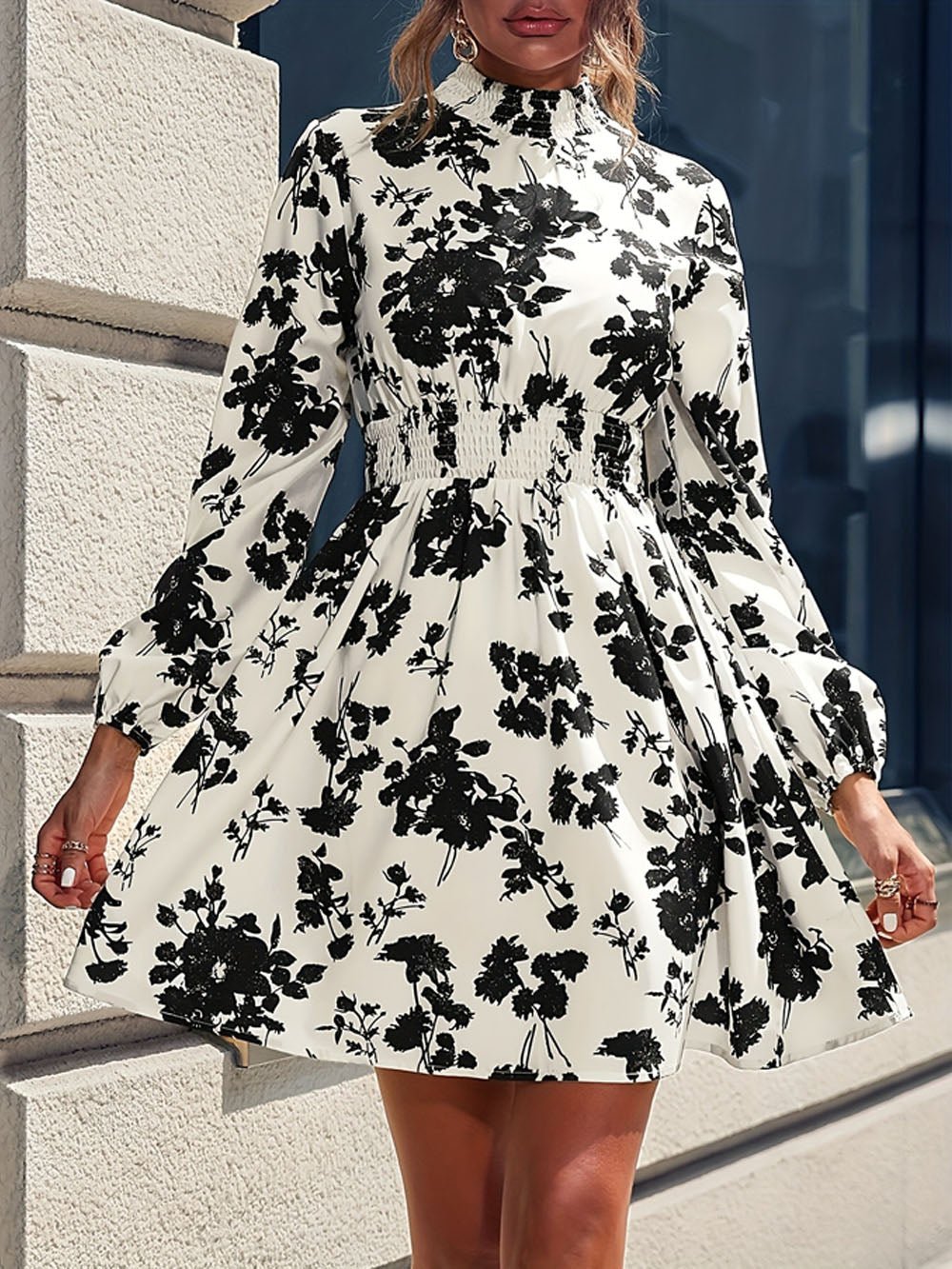 Multi Floral Print Mock Neck Bishop Sleeve Smocked Waist Fit And Flare Mini Dress