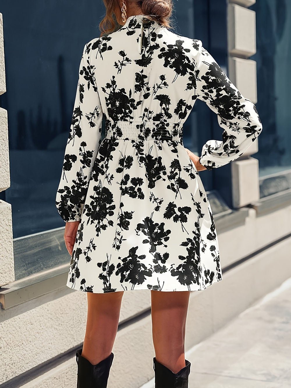 Multi Floral Print Mock Neck Bishop Sleeve Smocked Waist Fit And Flare Mini Dress
