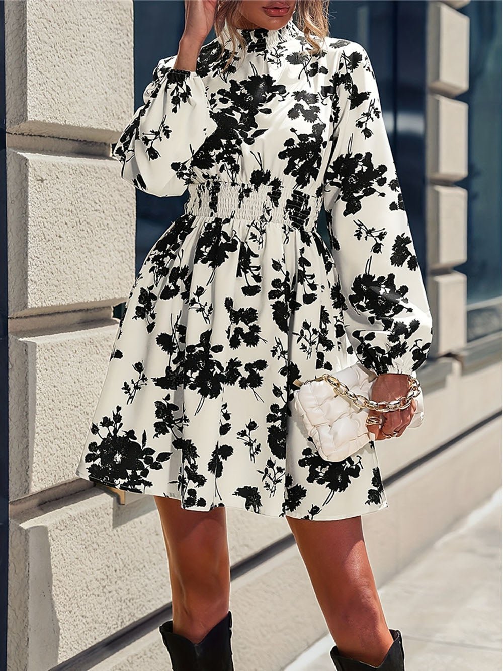 Multi Floral Print Mock Neck Bishop Sleeve Smocked Waist Fit And Flare Mini Dress