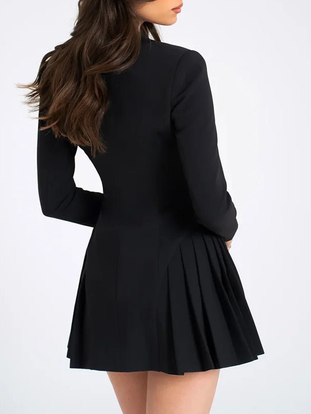 Black Deep V-Neck Long Sleeve Rhinestone Button Pleated Skirt Mini Dress