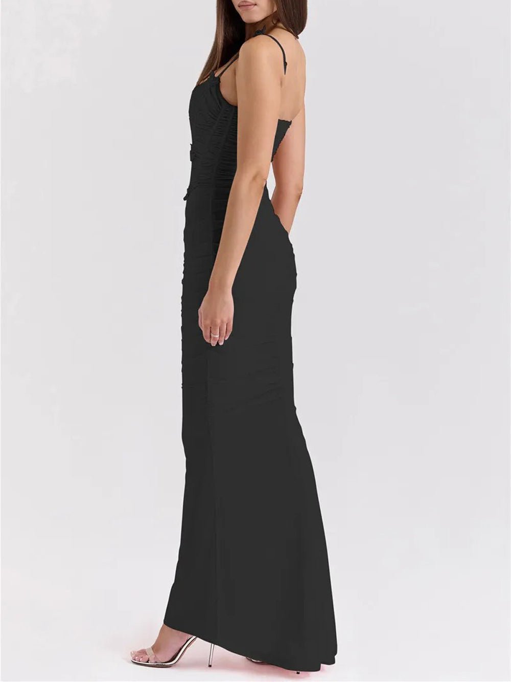 Corset Square Neck Rosette Strap Ruched Mermaid Maxi Dress