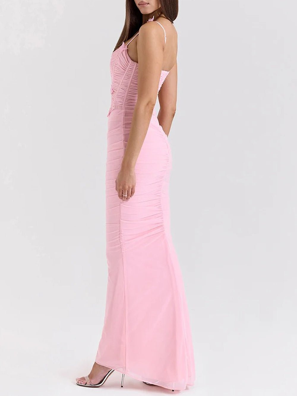 Corset Square Neck Rosette Strap Ruched Mermaid Maxi Dress
