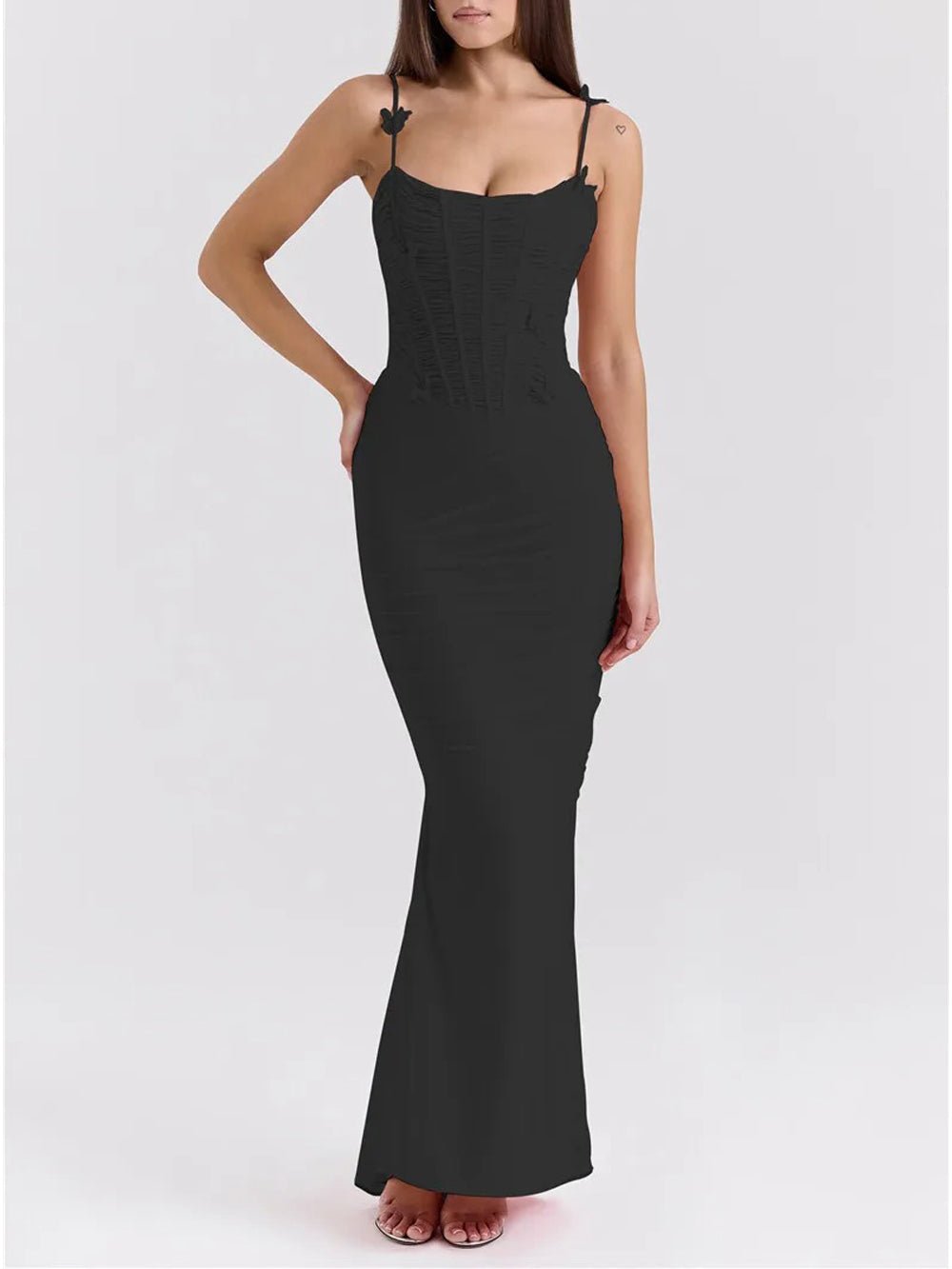 Corset Square Neck Rosette Strap Ruched Mermaid Maxi Dress