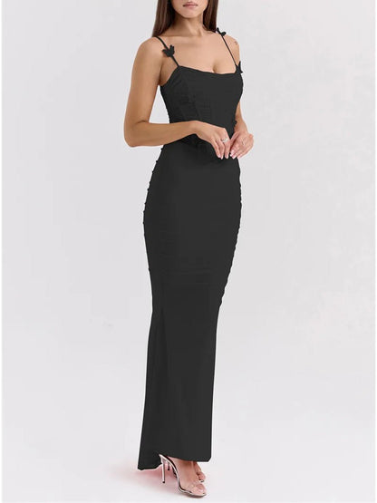 Corset Square Neck Rosette Strap Ruched Mermaid Maxi Dress