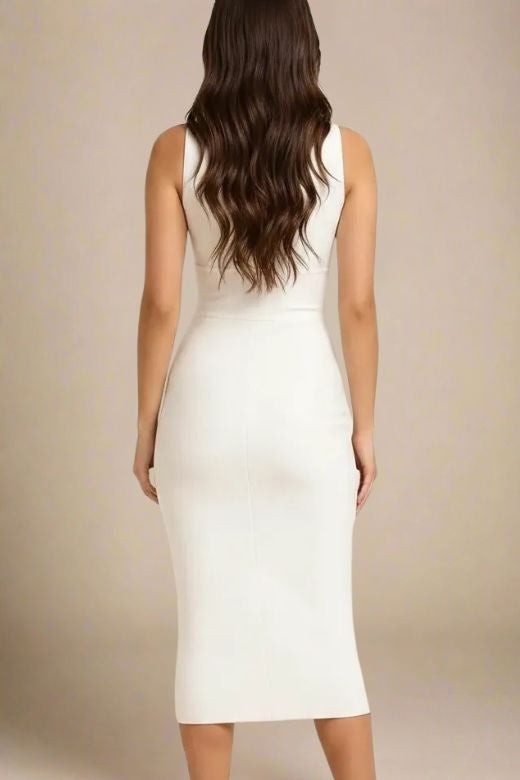 Pearl White Bandage Deep V-Neck Sleeveless High Split Bodycon Midi Dress
