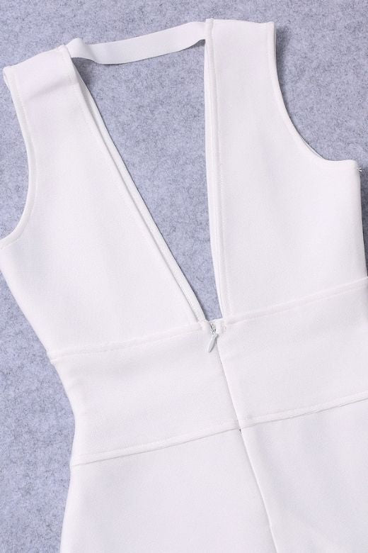 Pearl White Bandage Deep V-Neck Sleeveless High Split Bodycon Midi Dress