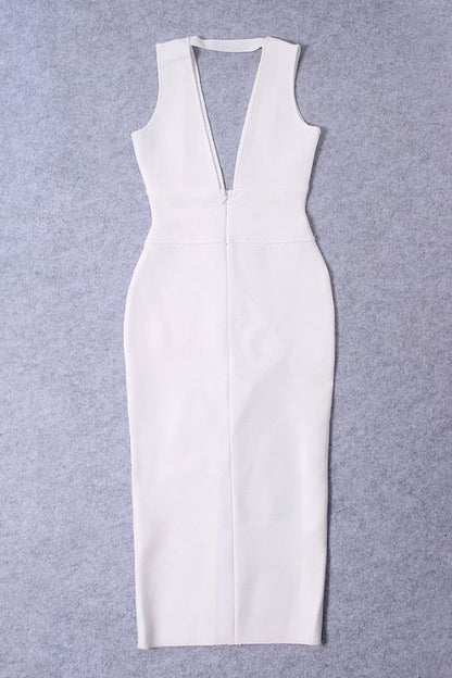 Pearl White Bandage Deep V-Neck Sleeveless High Split Bodycon Midi Dress
