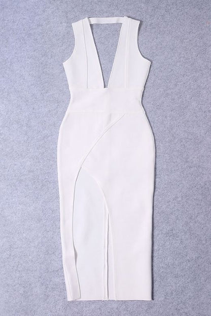 Pearl White Bandage Deep V-Neck Sleeveless High Split Bodycon Midi Dress