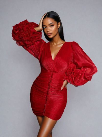Metallic Wrap V-Neck Ruched Long Sleeve Rosette Cuff Bodycon Mini Dress