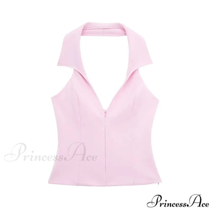 Pink Halter Sleeveless Charming Top And Skort Set