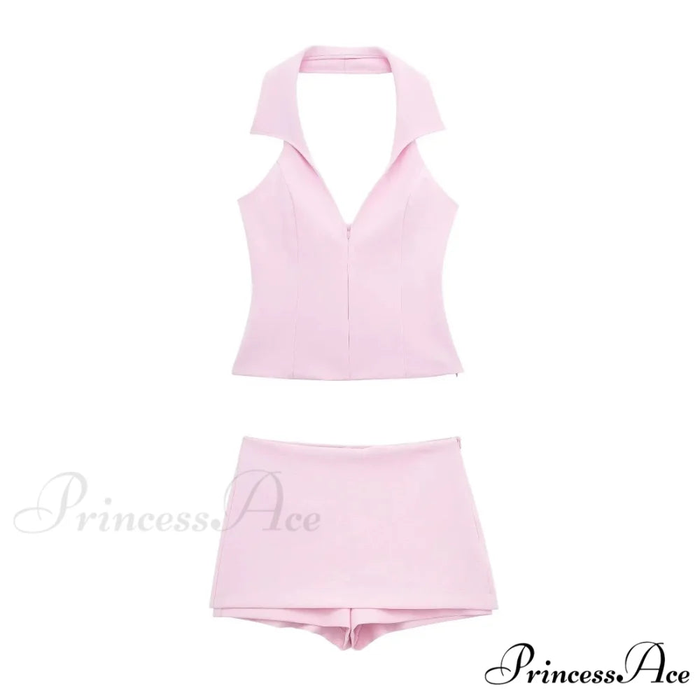 Pink Halter Sleeveless Charming Top And Skort Set