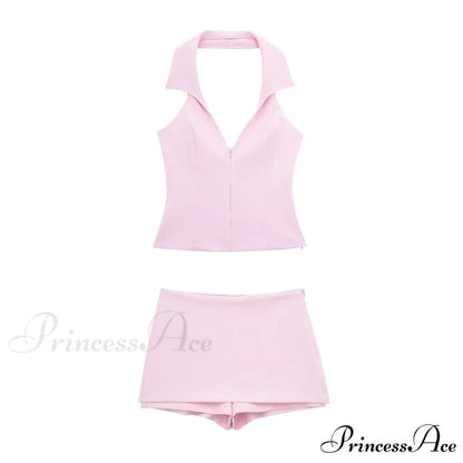 Pink Halter Sleeveless Charming Top And Skort Set