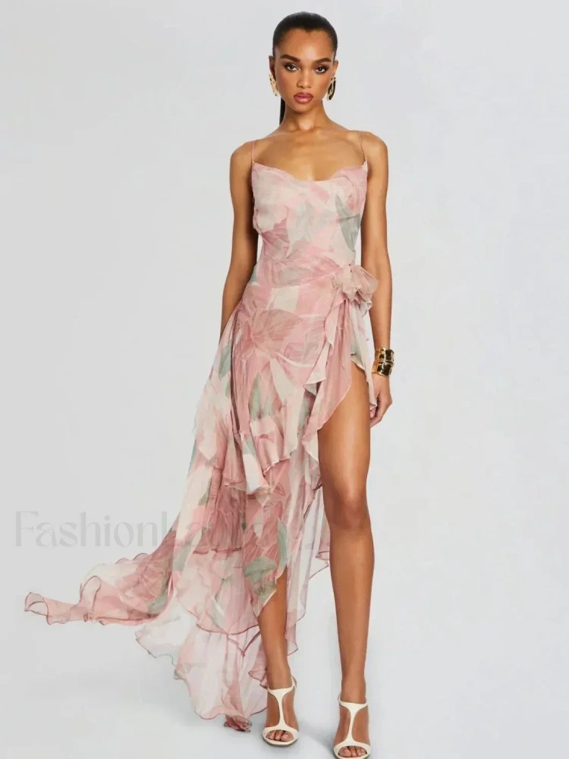 Pink Ruffled Spaghetti Floral Dress