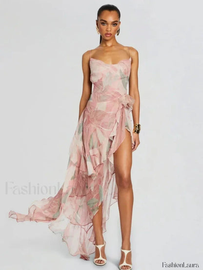Pink Ruffled Spaghetti Floral Dress