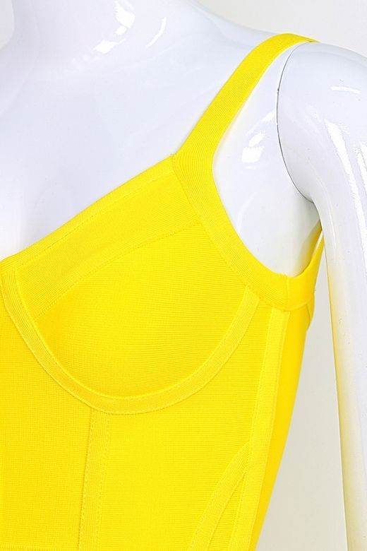 Sun Yellow Sweetheart Spaghetti Strap Bustier Cage Cut Out Bandage Bodycon Mini Dress