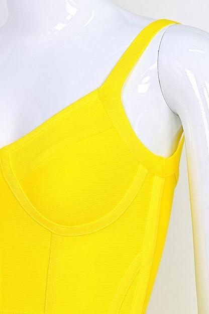 Sun Yellow Sweetheart Spaghetti Strap Bustier Cage Cut Out Bandage Bodycon Mini Dress