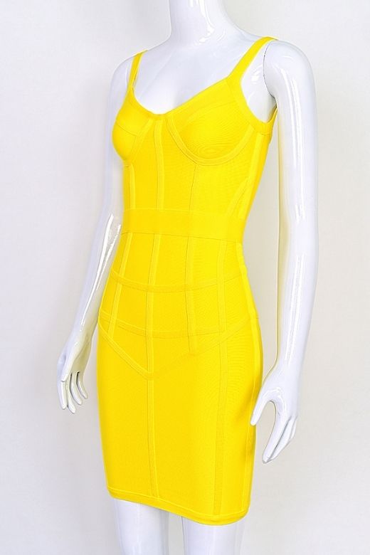 Sun Yellow Sweetheart Spaghetti Strap Bustier Cage Cut Out Bandage Bodycon Mini Dress