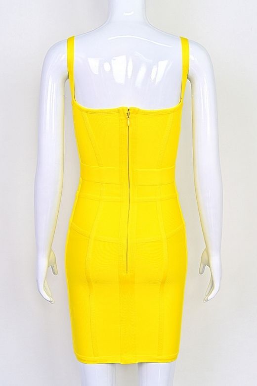 Sun Yellow Sweetheart Spaghetti Strap Bustier Cage Cut Out Bandage Bodycon Mini Dress