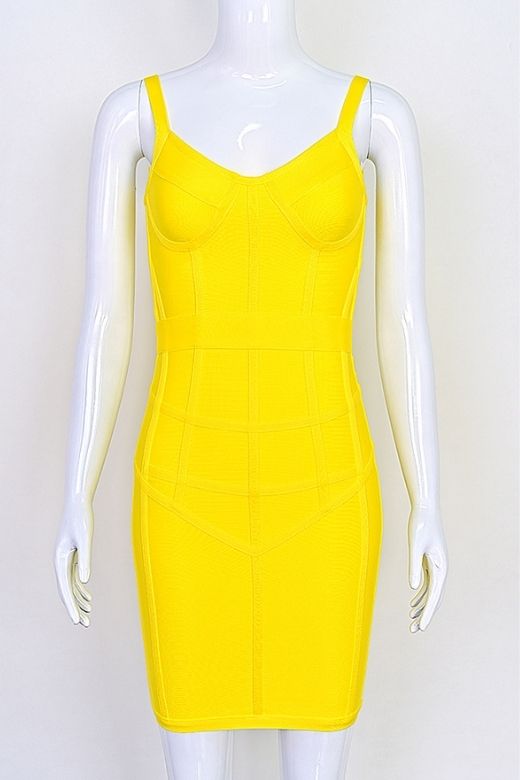 Sun Yellow Sweetheart Spaghetti Strap Bustier Cage Cut Out Bandage Bodycon Mini Dress