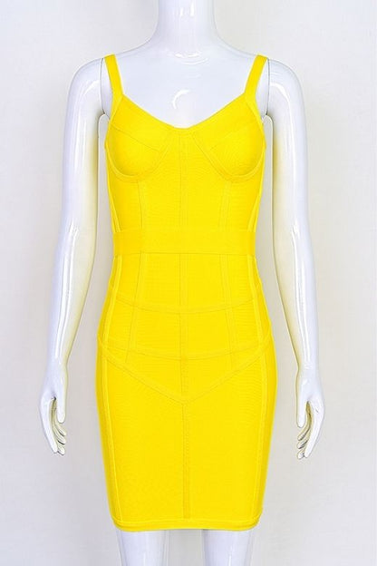 Sun Yellow Sweetheart Spaghetti Strap Bustier Cage Cut Out Bandage Bodycon Mini Dress
