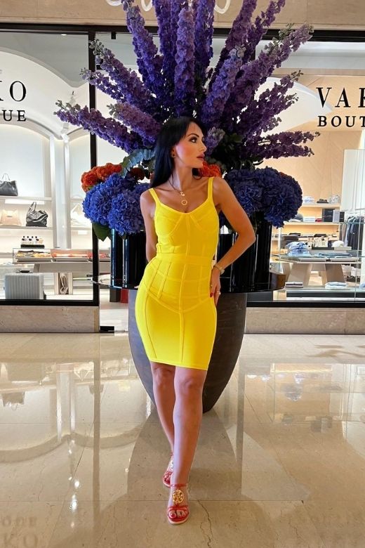 Sun Yellow Sweetheart Spaghetti Strap Bustier Cage Cut Out Bandage Bodycon Mini Dress