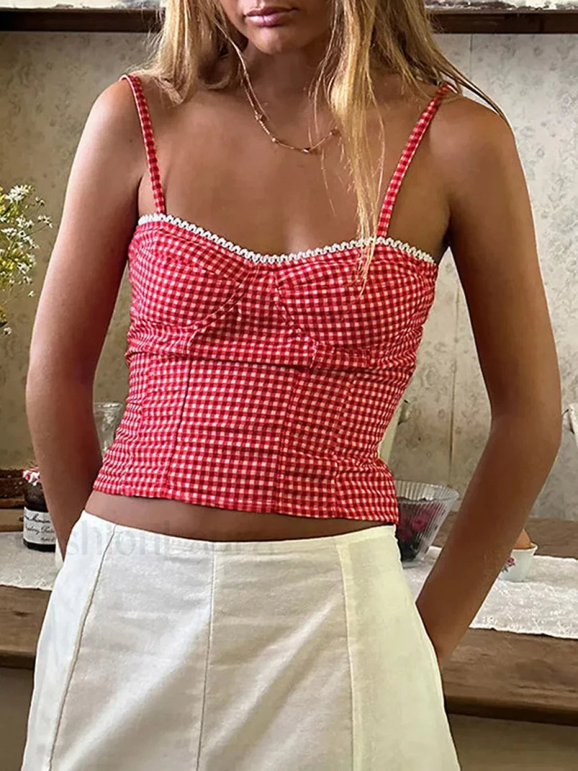 Plaid Open-Back Low Crop Top