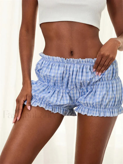 Plaid Print Loose Ruched Elastic Low Waist Casual Bloomers Short