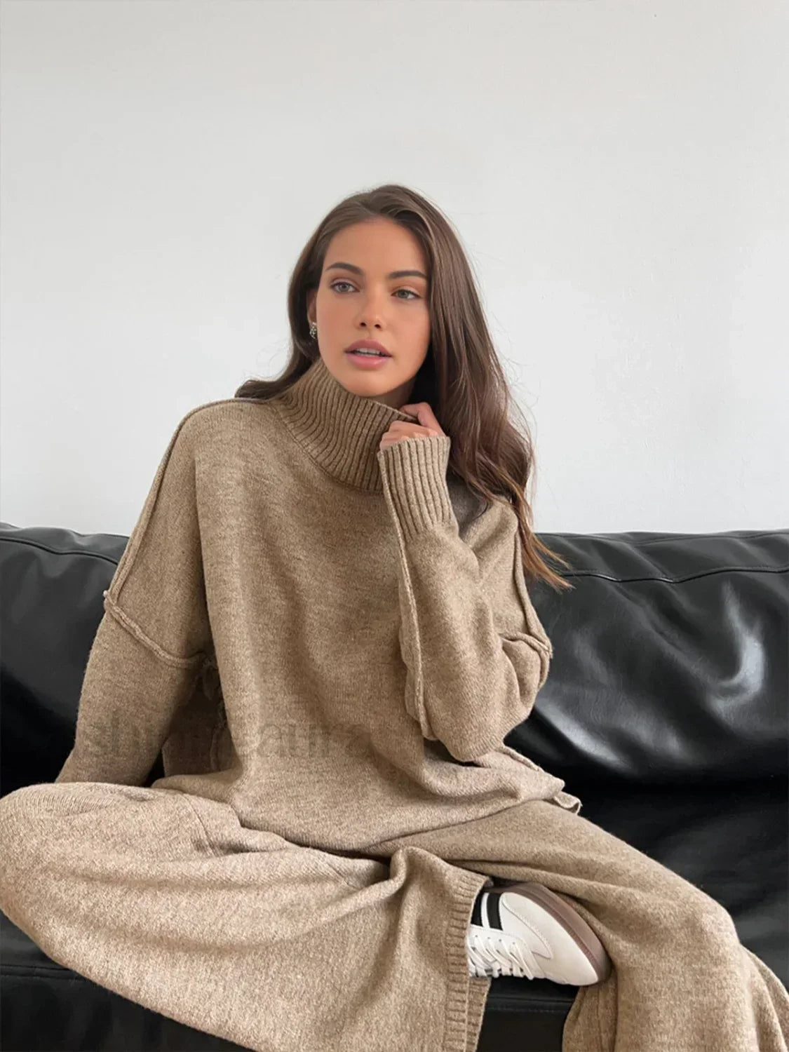 Plain Turtleneck Knit Pants Two Piece Set