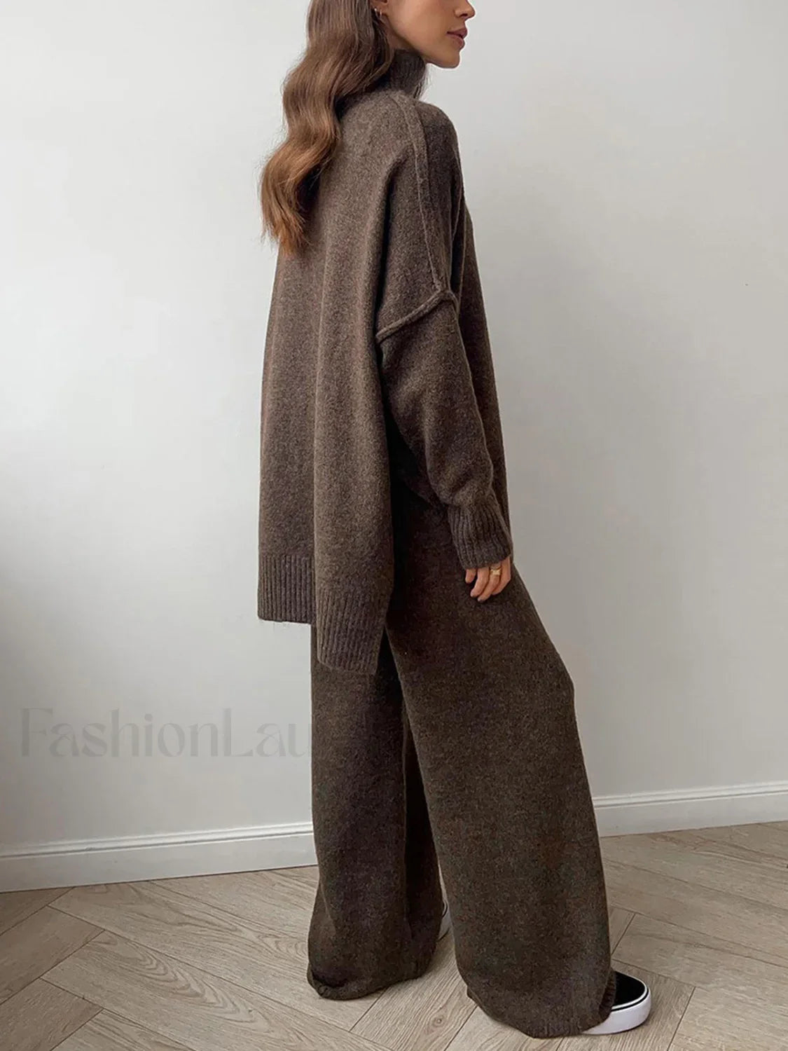 Plain Turtleneck Knit Pants Two Piece Set