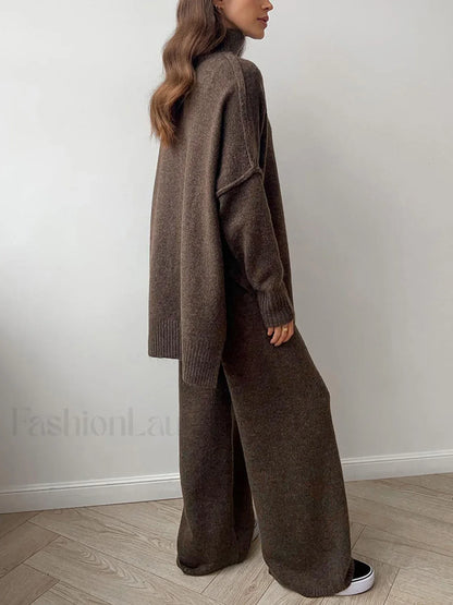 Plain Turtleneck Knit Pants Two Piece Set