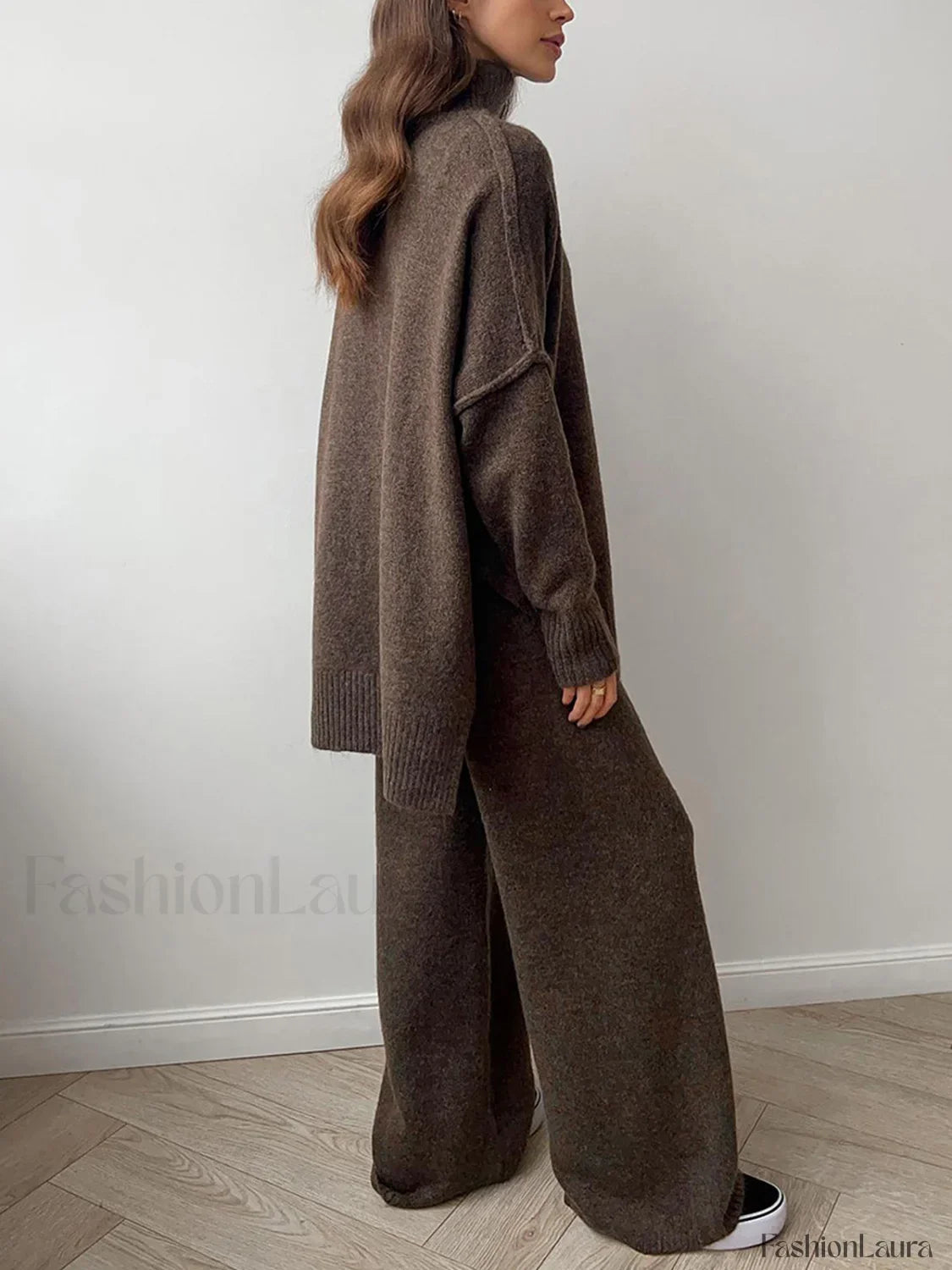 Plain Turtleneck Knit Pants Two Piece Set