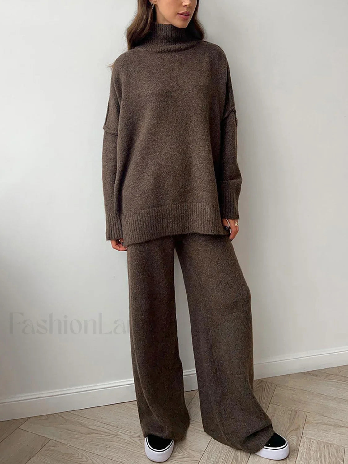 Plain Turtleneck Knit Pants Two Piece Set
