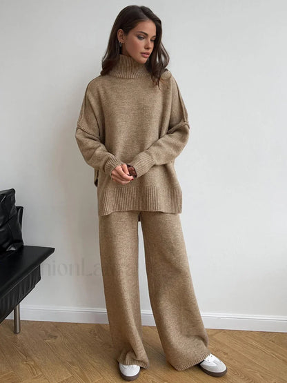 Plain Turtleneck Knit Pants Two Piece Set