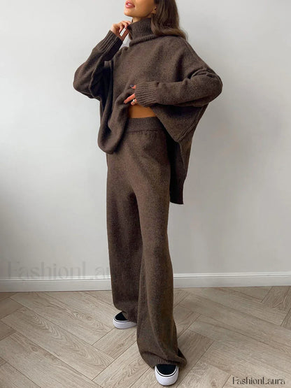 Plain Turtleneck Knit Pants Two Piece Set