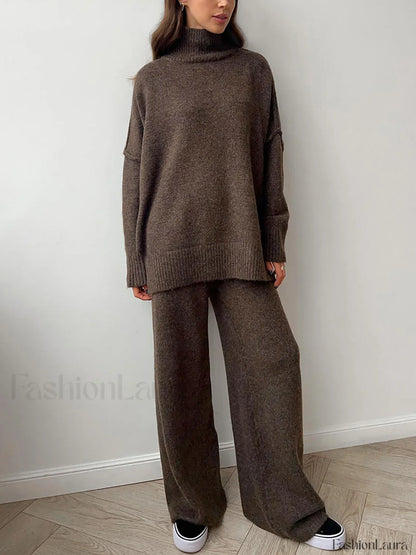 Plain Turtleneck Knit Pants Two Piece Set